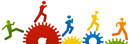 Menschen laufen über Zahnräder